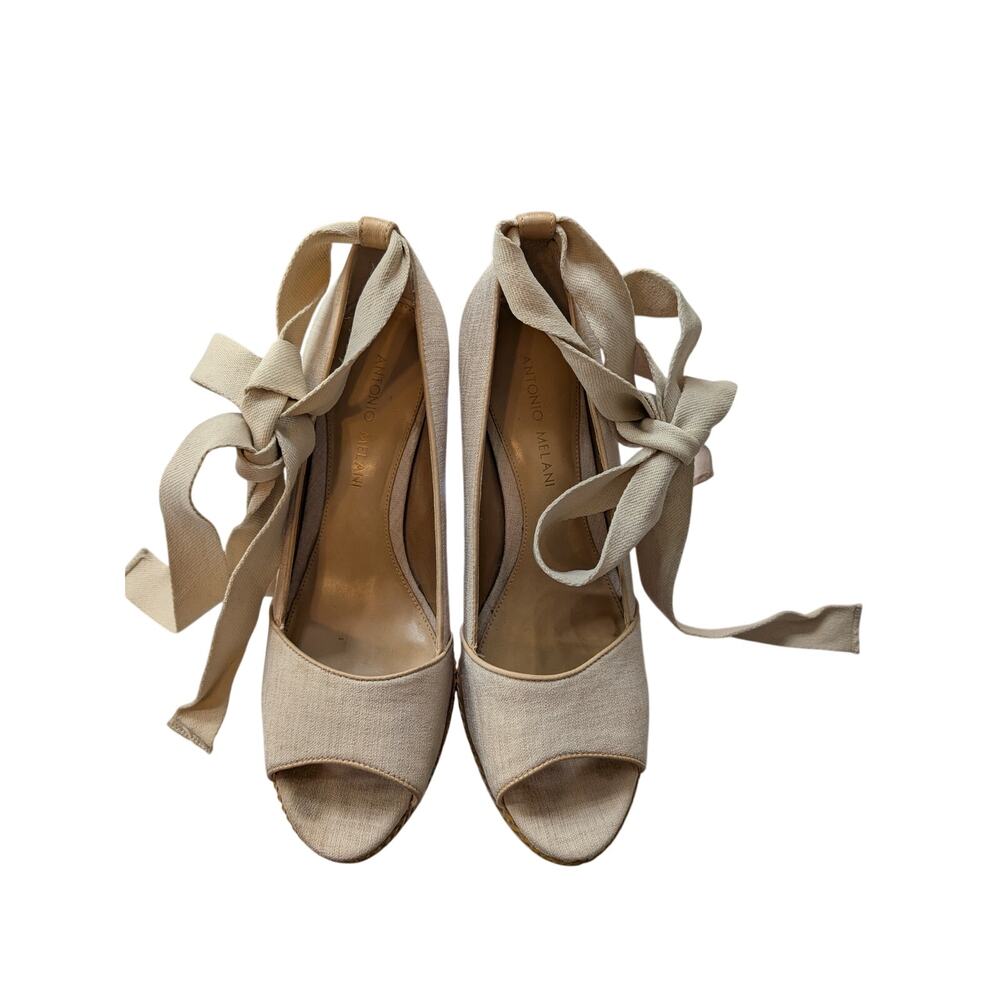 Antonio Melani Beige Linen Ankle Tie Peep Toe Wedge Heels Size 7 Leather Upper
